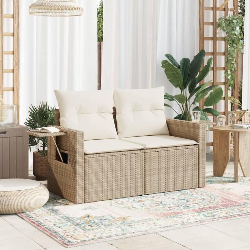 vidaXL Patio Sofa with Cushions 2-Seater Loveseat Modular Couch Poly Rattan - 24.4 x 48.8 x 27.2 in