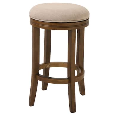 25-Inch Swivel Counter Height Bar Chair with Cream Linen Fabric and Brown Wood Frame Backless Seat - 26”H x 17”W x 17”D