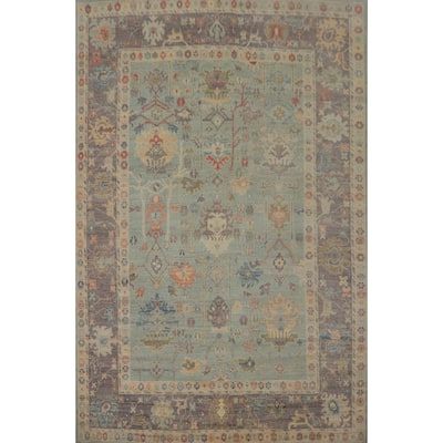 Light Blue Floral Oushak Vegetable Dye Area Rug, Floral Geometric Carpet - 12' 5'' X 9' 4''