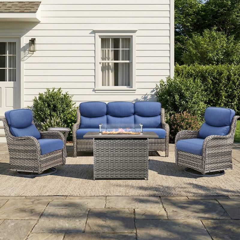 Pocassy Outdoor Fire Pit with Sofa Swivel Chairs Conversation Set - Gray Wicker Blue Cushion - 5-Piece Sofa Swivel Chair Table w/ Fie Pit Table