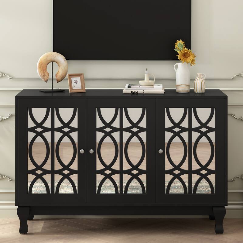 Roomfitters Mirrored TV Stand for up to 55 Inch TV, Modern Entertainment Console with Adjustable Shelves and Metal Handle, Black