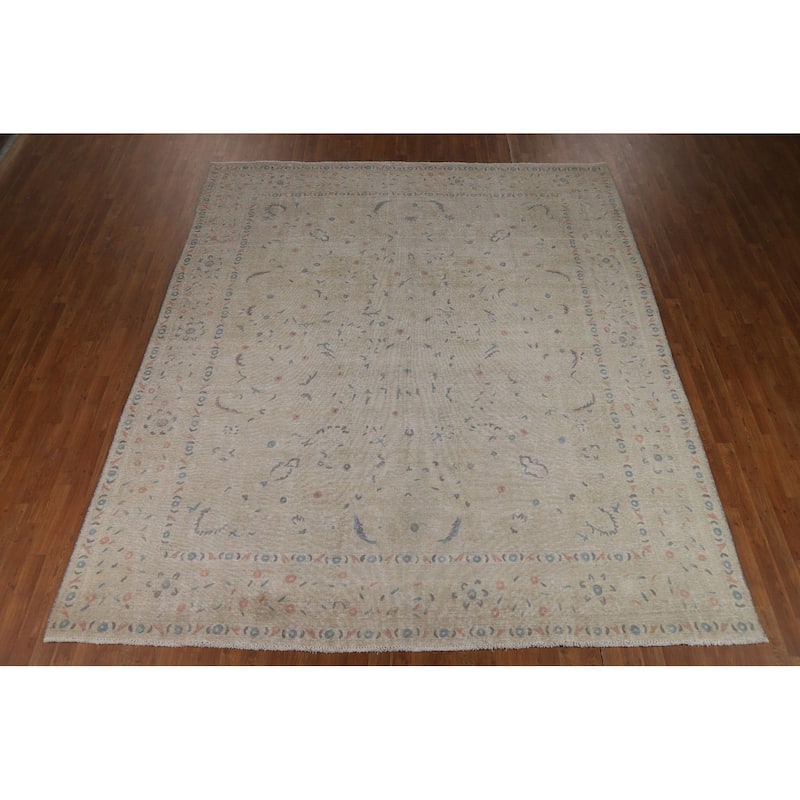 Distressed Floral Tabriz Persian Area Rug Hand-Knotted Wool Carpet - 9'5"x 10'10"