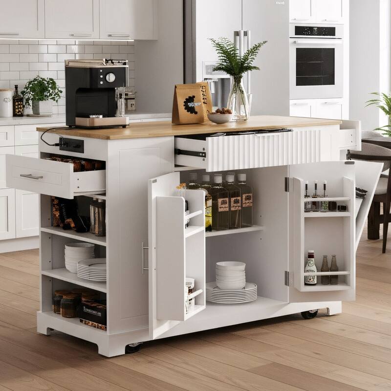 Rolling Kitchen Islands on 5 Wheels with 3 Drawer, 3 Open Side Racks for 10 Gallon Garbage Bin