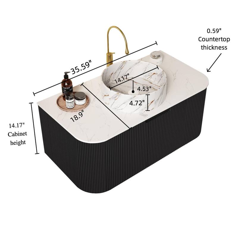 Floating Bathroom with Round Ceramic Basin and Storage Drawer