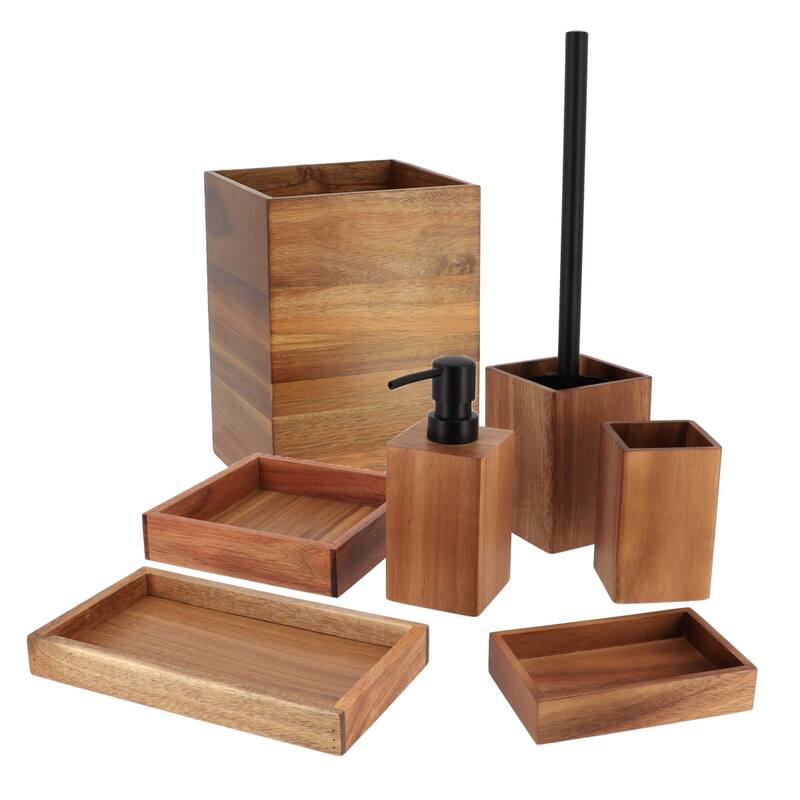 Acacia Wood Bathroom Accessory Set Collection - Full Set 7 Pieces