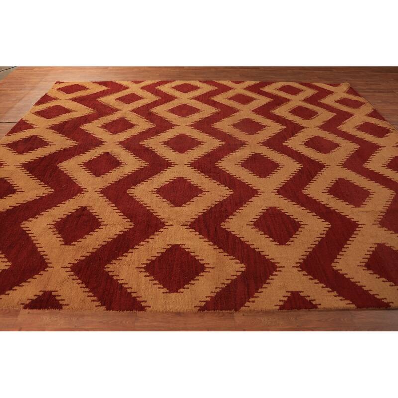 Hand Knotted Oriental 100% Wool Carpet Modern Geometric Red Moroccan Area Rug - 11' 7'' X 8' 10''