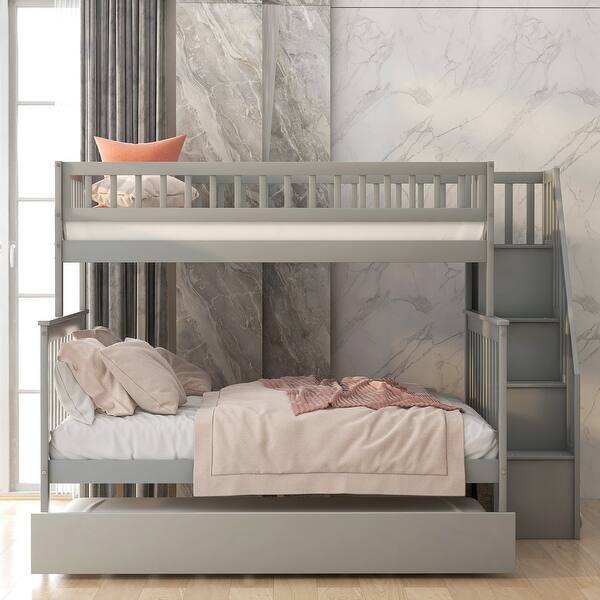 slide 2 of 9, Twin over Full Bunk Bed with Stairs Storage and Trundle, Solid Wood Stairway Bunk Bedframe for Kids/Teens, Bedroom Furniture Gray - Full