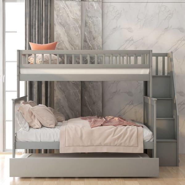 slide 2 of 26, Twin over Full Bunk Bed with Trundle, Staircase, and Storage Shelves, Grey