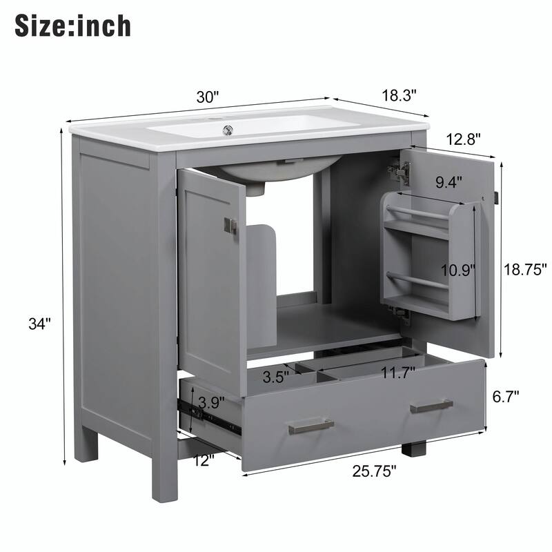 36"/30" Bathroom Vanity with Ceramic Sink, Soft-Close Doors, Double Storage Shelves & Divided Drawer