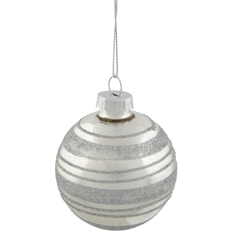 Glitter Stripes Christmas Shiny Glass Ball Ornaments - 2.5" (67mm) - Silver - 4ct