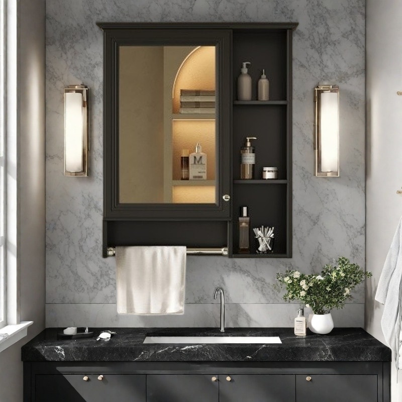 24''Wall Mounted Bathroom Mirror Cabinet with Adjustable Shelf and Towel Bar, 3-in-1 Medicine Cabinet with Soft-Close Door