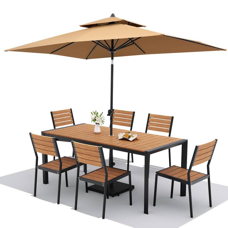 Set of 9 Outdoor Patio Dining Set WoodLike Aluminum Umbrella Hole Table with Stackable Chairs, Double Top Market Umbrella Set