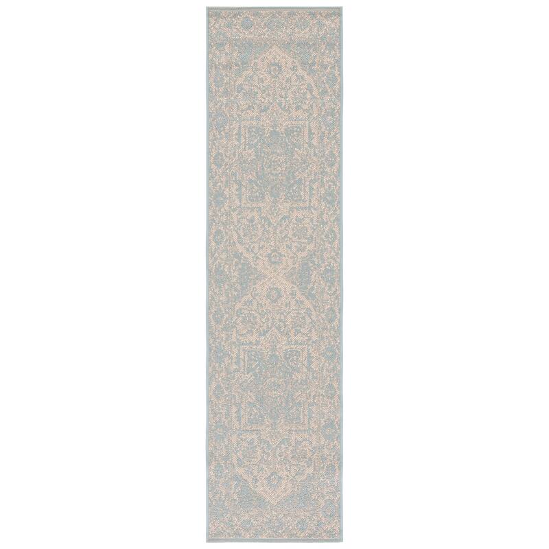 SAFAVIEH Linden Karol Indoor/ Outdoor Waterproof Patio Backyard Rug - 2'2" x 8' Runner - Cream/Aqua