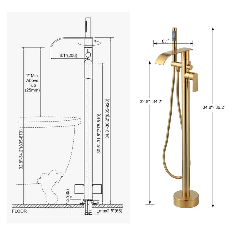 WOWOW Single-Handle Freestanding Waterfall Tub Faucet with Handshower