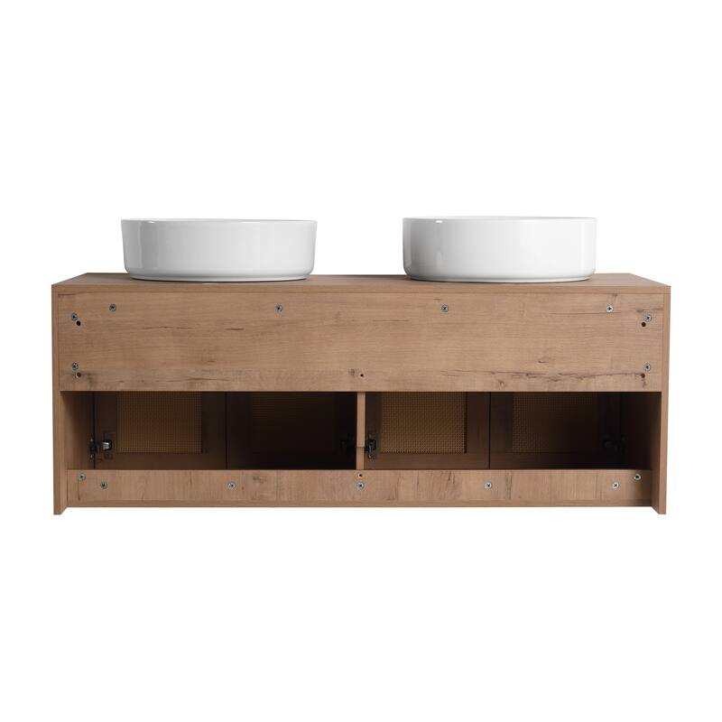 48" Bathroom Vanity with 2 Vessel Ceramic Sink Float Mounting Bathroom Storage Cabinet with 4-Soft Close Door