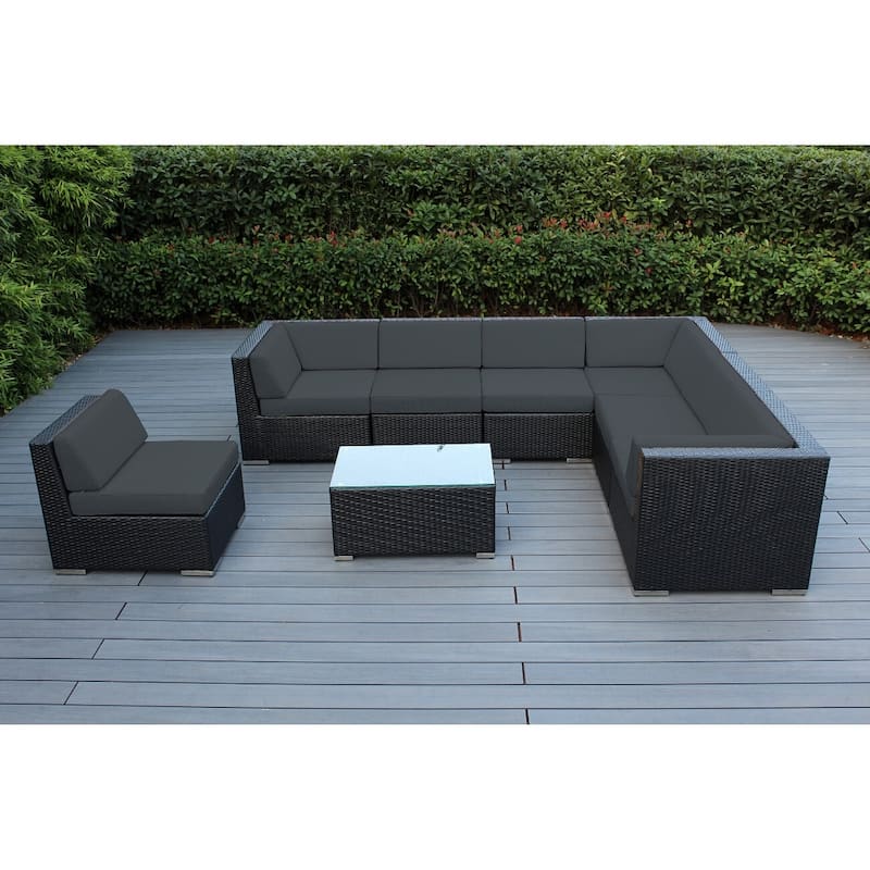 Ohana Outdoor Patio 8 Piece Black Wicker Sectional Set with Cushions - No Assembly - Grey