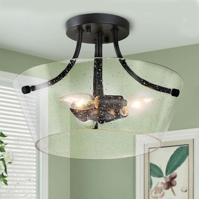 Modern 3-Light Drum Glass Semi-Flush Mount Ceiling Light - Black - D13"xH10"
