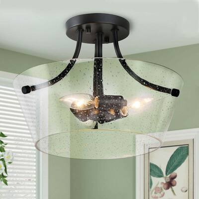 Modern 3-lights Drum-shaped Glass Flush Mount Light - Black - D13"xH10"