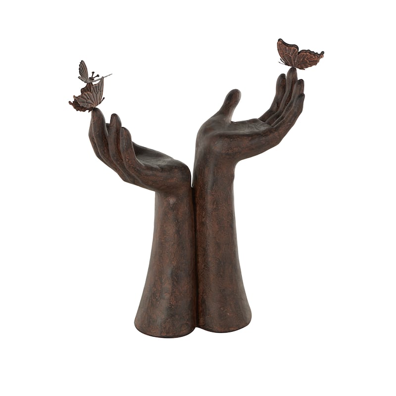 Dark Brown Polystone Raised Hands Decorative Sculpture with Butterfly Accents