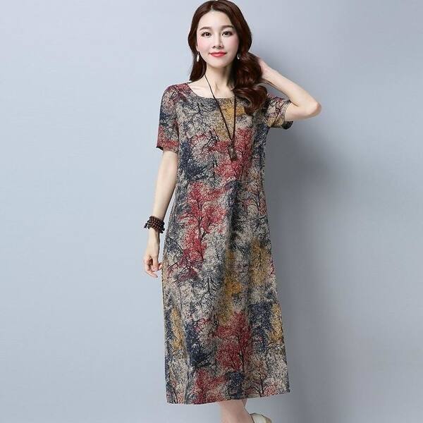 Shop Summer Cotton Linen Dress Women O Neck Short Sleeve Loose