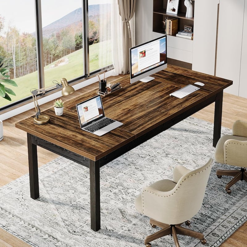 63" Executive Office Desk - Rustic Computer Table with Thick Wood Top, Large Writing Desk with Metal Frame & Back Splash