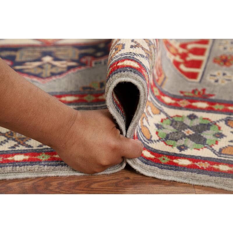 Traditional Grey Kazak Foyer Rug Hand-Knotted Wool Carpet - 3'2" x 4'11"