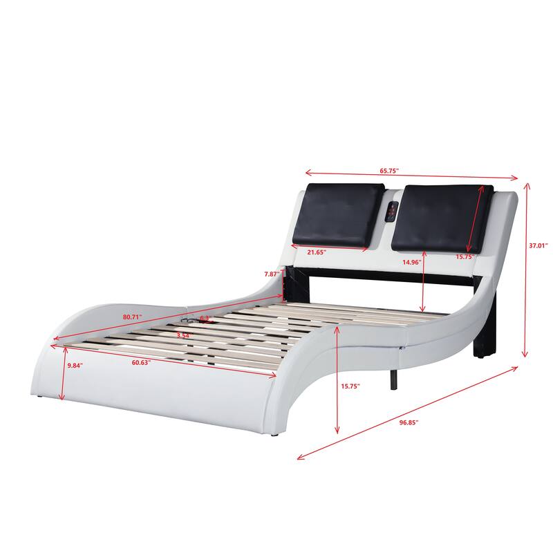 King/Queen Faux Leather Platform Bed with LED, Bluetooth Speakers & Backrest Massage