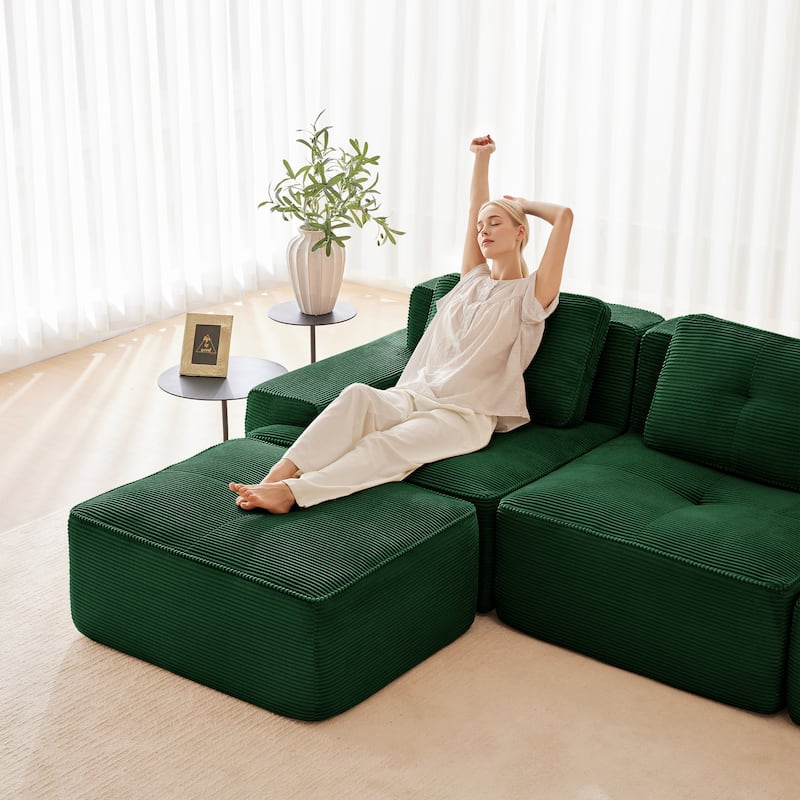 Roomfitters No Assembly Modular Sofa, 117 Inch Corduroy 3-Seater with Piping, Green