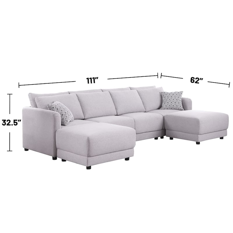 Linen Upholstered 4-Seater Sofa with 2 Ottomans in Light Gray