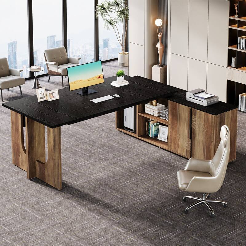 74.8-Inch L Shaped Executive Desk, Large Office Computer Desk with Cabinet and Shelves for Home Office