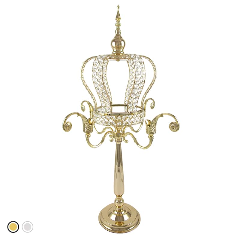 Large Crystal Bead Crown Decor Centerpiece Accent Piece Tabletop with Victorian Stand