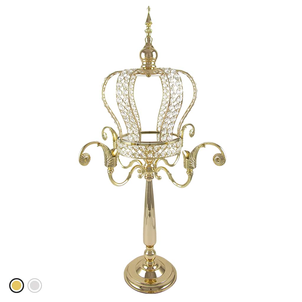 Large Crystal Bead Crown Decor Centerpiece Accent Piece Tabletop with Victorian Stand