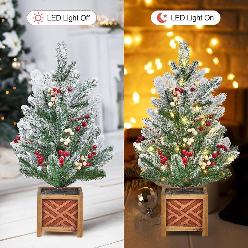 24" Pre-Lit Mini Artificial Christmas Tree with LED Lights & Wooden Base - 2FT