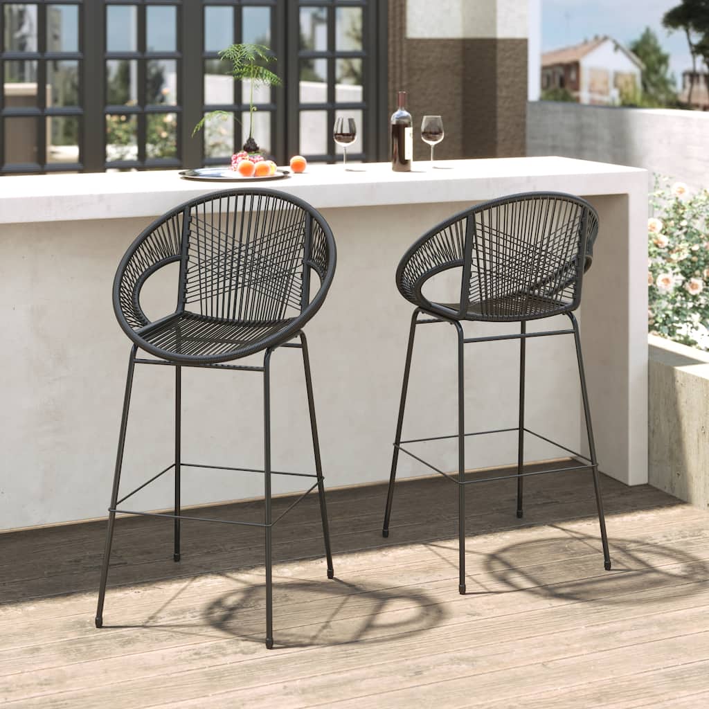 Roomfitters Ferrara Outdoor Faux Wicker Barstools with Metal Frame, Modern Patio Seating, Set of 2