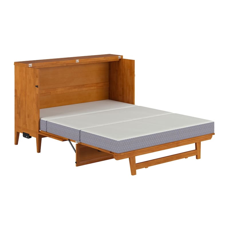 Solid Wood Murphy Bed Chest with Mattress & Charger - Space Saving Bed for Guest Room, Studio Apartment