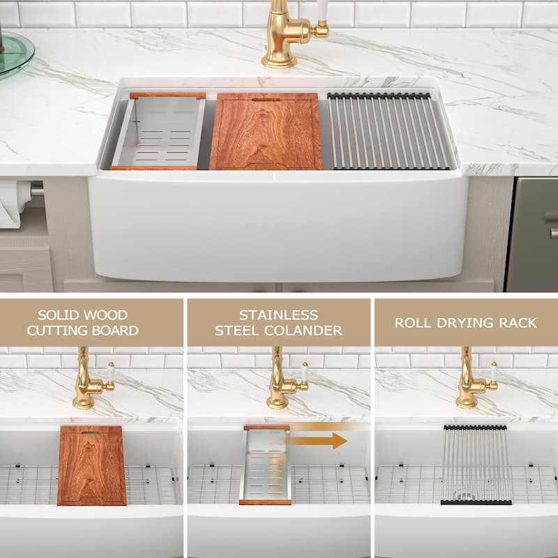 Kichae 33 Inch Ceramic Sink Farmhouse Workstation Apron Front White Kitchen Sink - 33 in.W x 21 in.D x 10 in.H