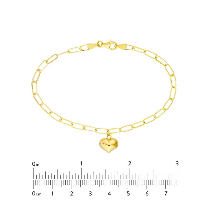 Curata 14k Yellow Gold 7.5" Dangling Puffed Heart Paperclip Chain Bracelet