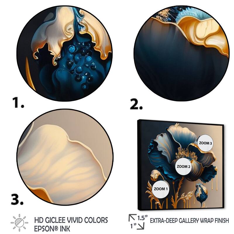 Designart "Deep Blue And Gold Single Flower V" Floral & Botanical Framed Canvas Art Print