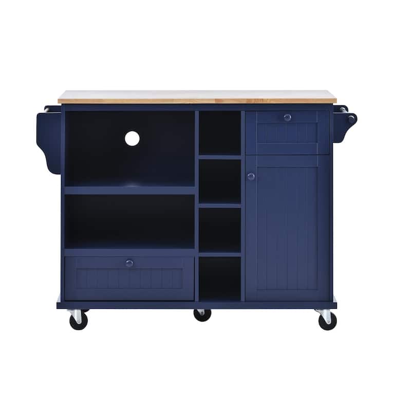 Rubberwood Kitchen Cart with Microwave Storage Rack, Exterior Shelves, and Two Drawers