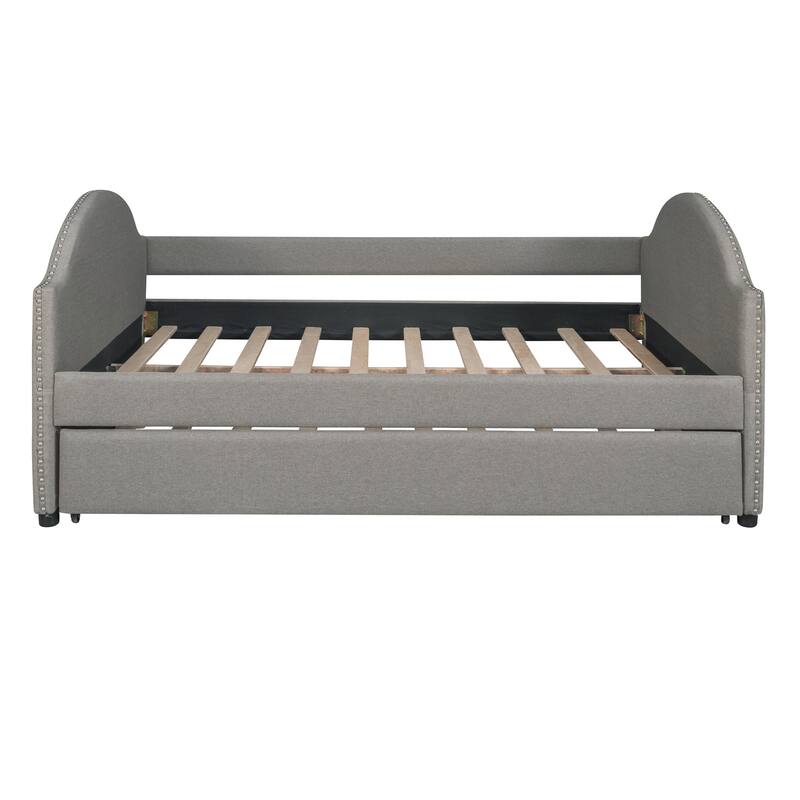 Upholstered Daybed with Trundle, Wood Slat Support - Grey