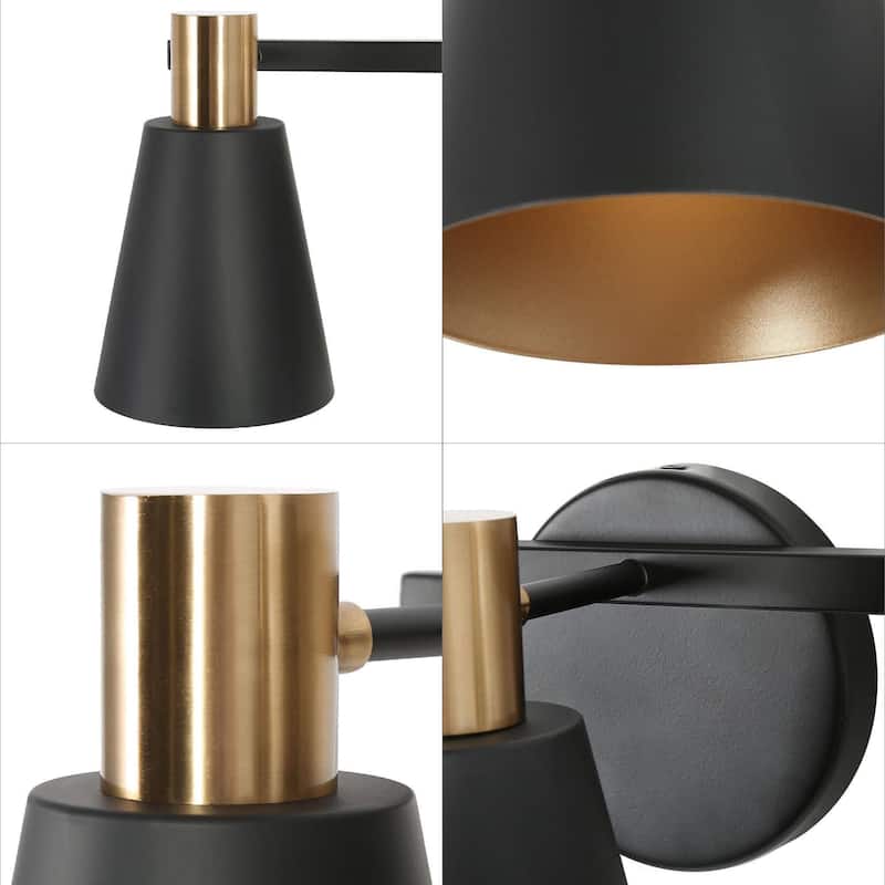 Modern 3-Lights Metal Cone Shade Bathroom Vanity Lights Dimmable Wall Lamp Black with Gold - L 22'' x W 7'' x H 7''