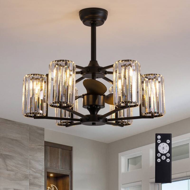 27" Crystal Ceiling Fan with Light and Remote Control 6-Light Black Caged Fandelier Luxury Ceiling Fan for Living Room Kitchen - Black crystal fandeilier