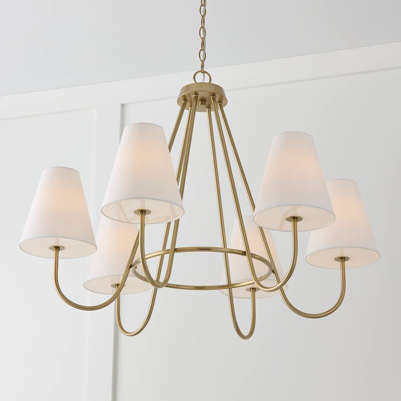 36"W x 26.25"H 6-Light Chandelier in Matte Brass with Tapered White Fabric Shades and Glass Diffusers