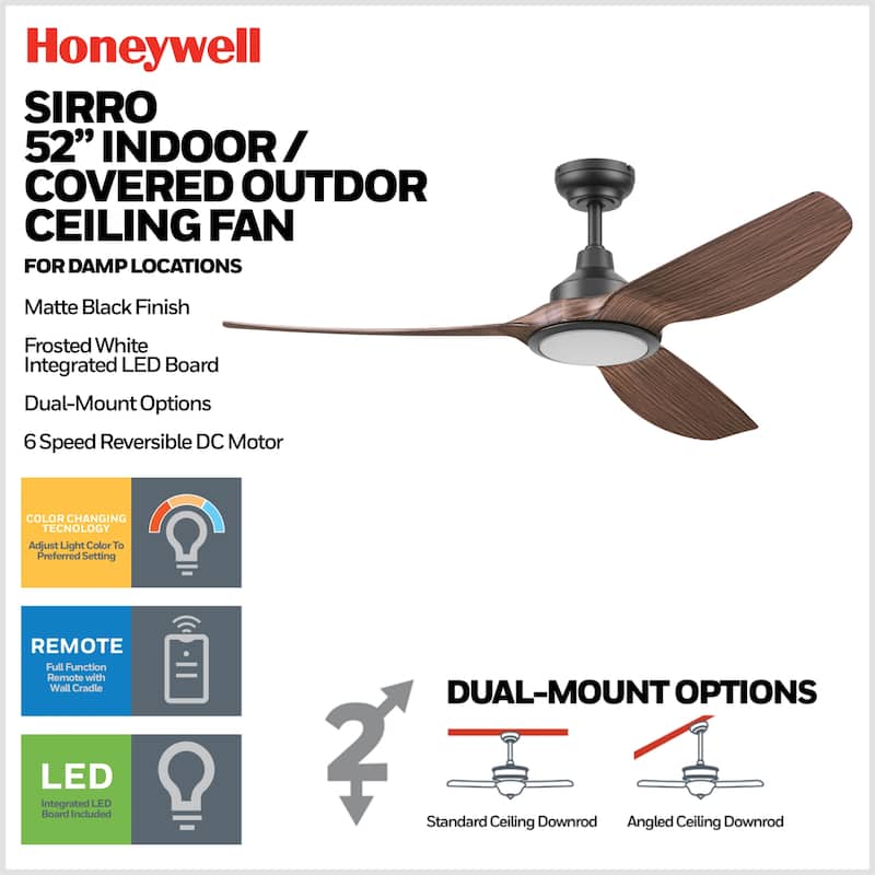Honeywell "Sirro" 52-Inch Matte Black with Chocolate Auburn Blades Damp Rated Ceiling Fan with Dimmable LED Light
