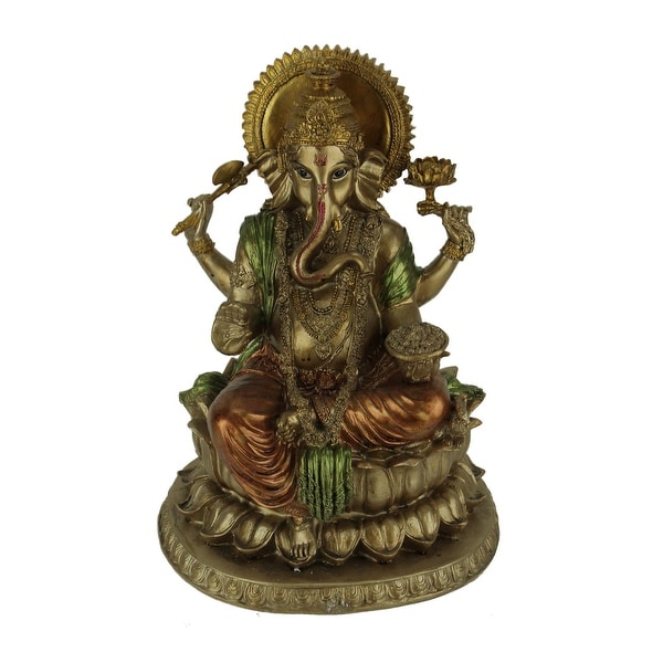 Golden Ganesha Holding Sacred Objects Statue - 13 X 9.25 X 8.5 inches