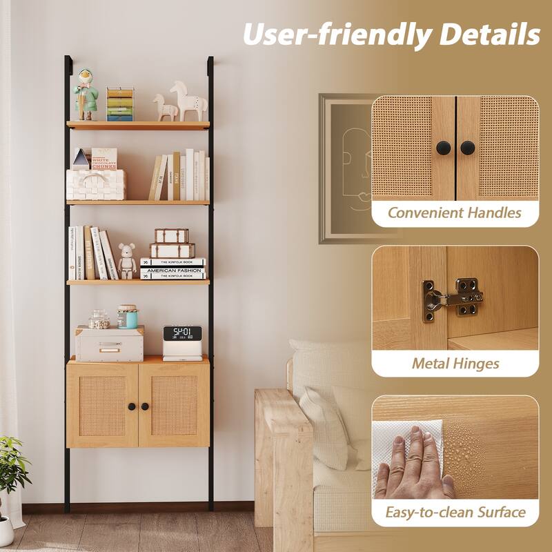 Gymax Wall-Mounted Ladder Shelf 5-tier Bookshelf w/ Rattan-Door