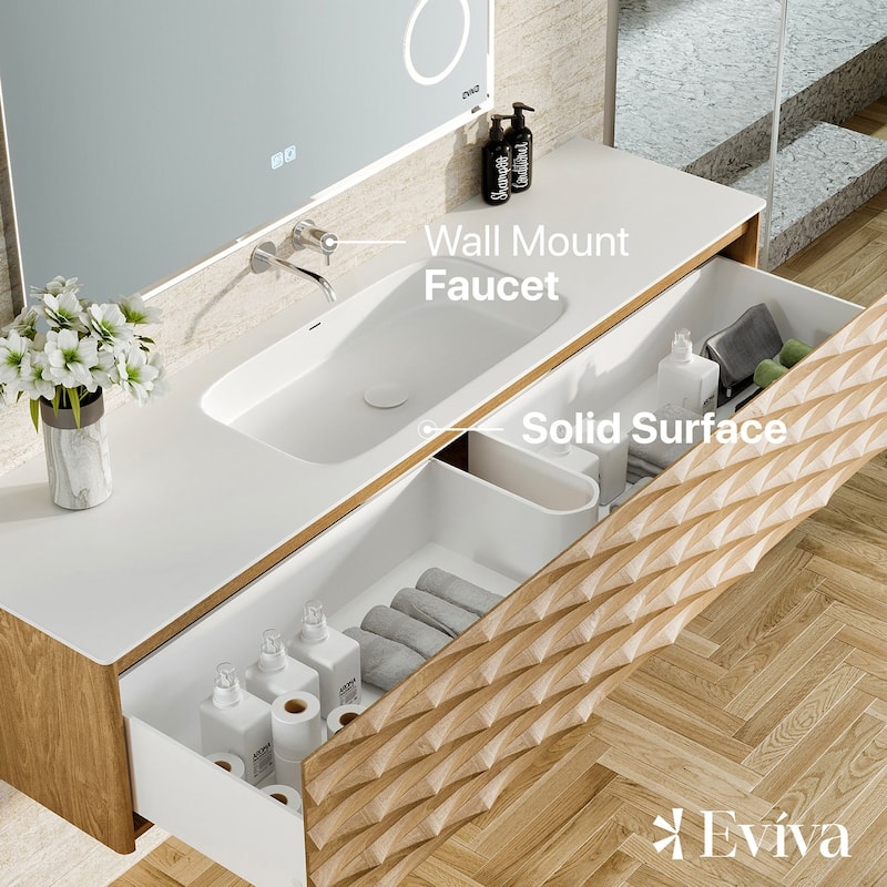 Oahu 55"W Wall Mount Oak Vanity with Solid Surface Integrated Sink