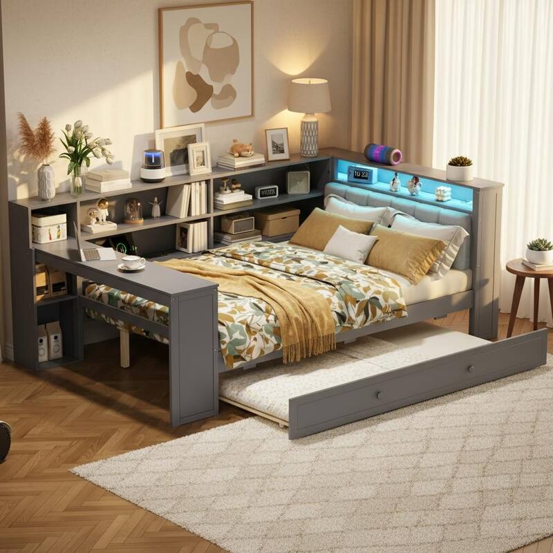 Daybed Bed with Trundle, Storage Shelves, Charging Station, & LED Light by Harper&Bright Designs - Grey - Full