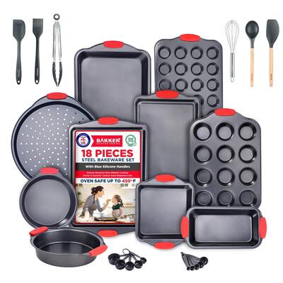 Kitchen Baking Pan Set - Nonstick Coating, Carbon Steel Bakeware Sets with Red Silicone Handles, Baking Kitchen Essentials