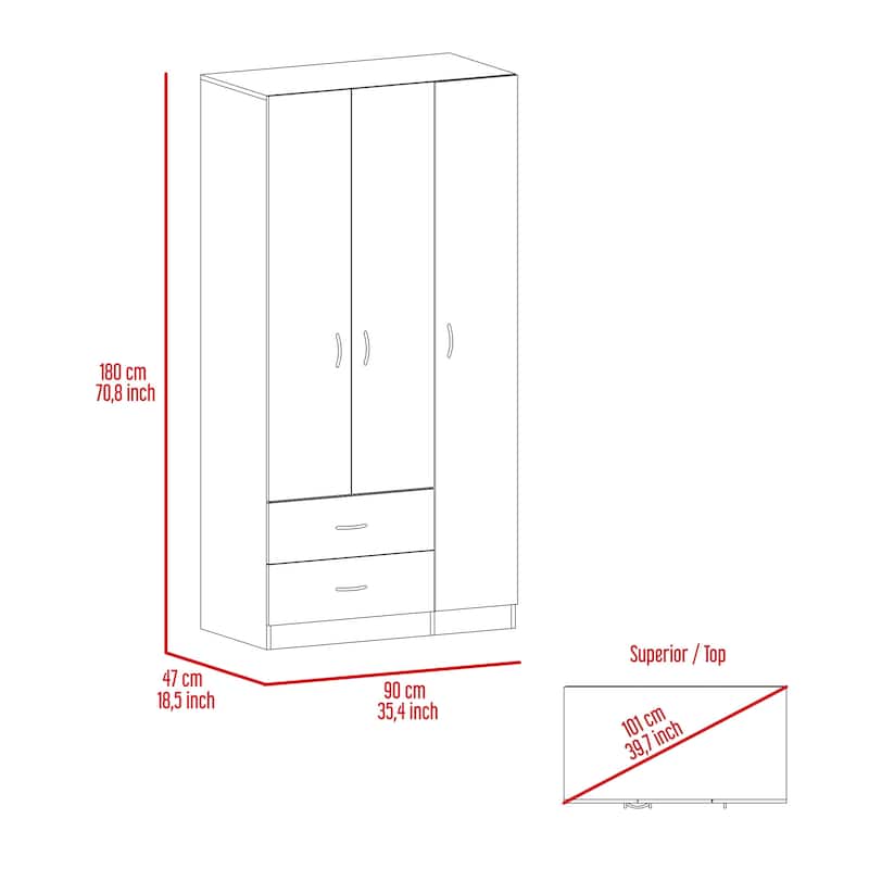 Three Door Armoire ,Two bottom drawers, Bedroom, White